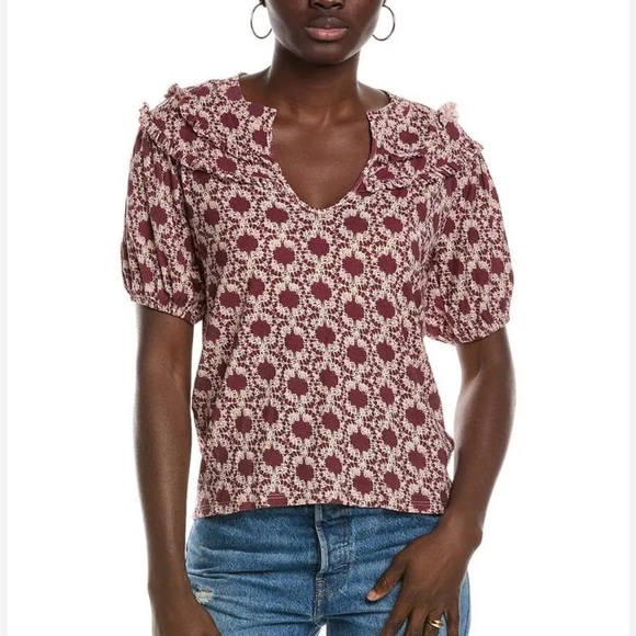 Nation Ltd Judith Yoked T Shirt Top Womens V Neck Puff Sleeve Ikat Sz XS - Picture 12 of 13